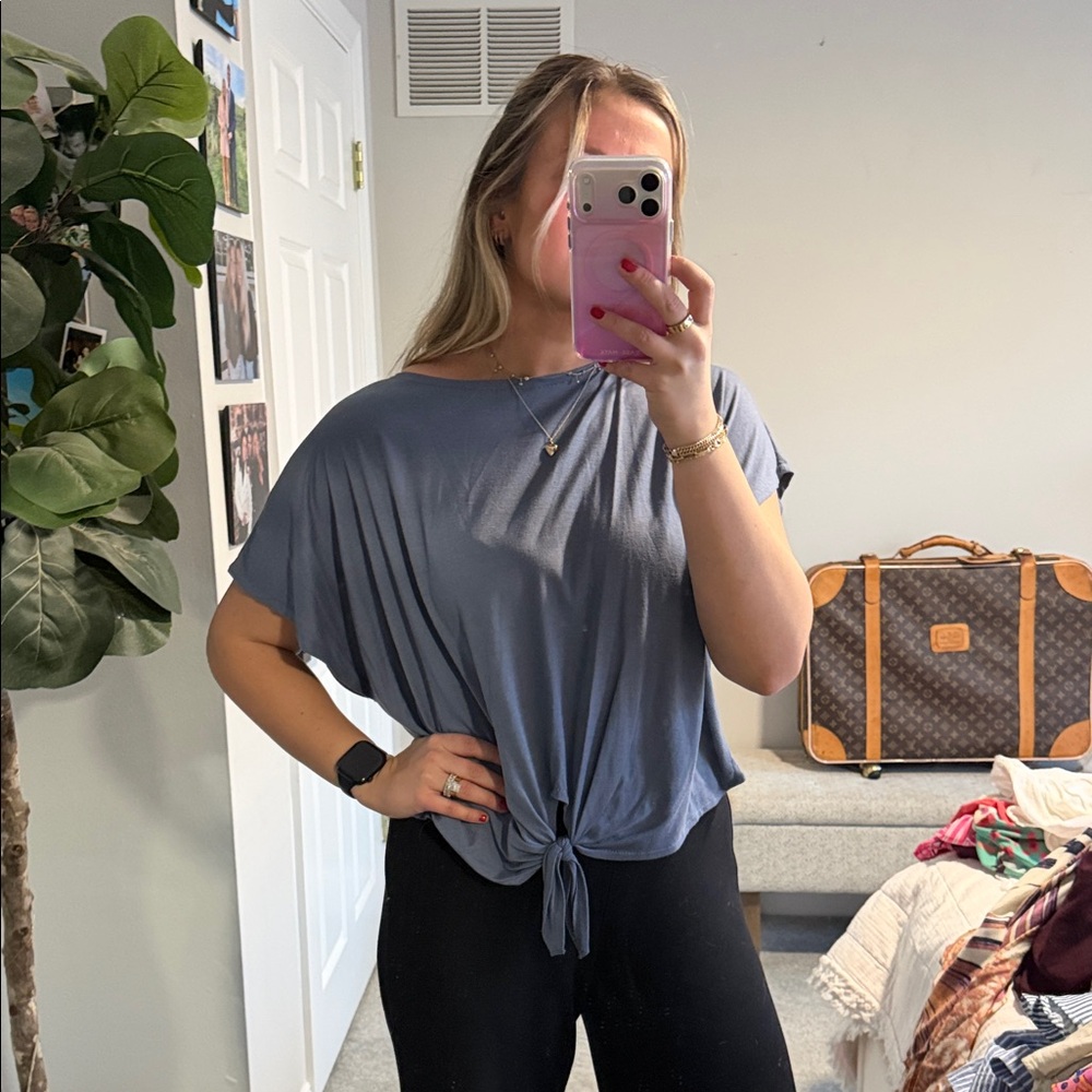 Do Everything in Love Slate Blue Tie-Front Tee